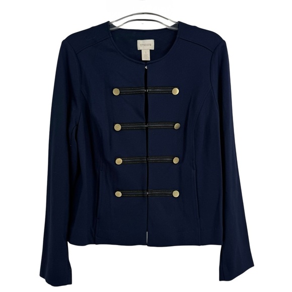 Chicos women Blazer jacket navy blue military Size 1 (M) Rayon gold buttons - Picture 1 of 8